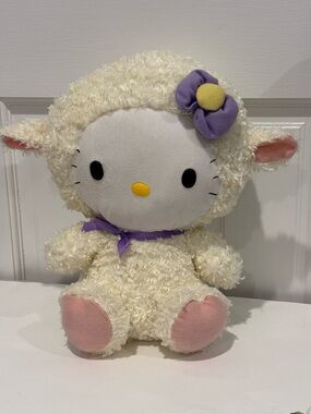 TY 2011 Beanie Buddy 12” Sanrio Hello Kitty, Cream Lamb Outfit Purple Bow